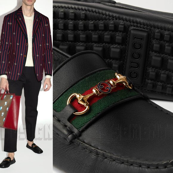 GUCCI mens 12.5 black AYRTON leather Horsebit DOUBLE G WEB Driver Moccasin shoes - Picture 7 of 12